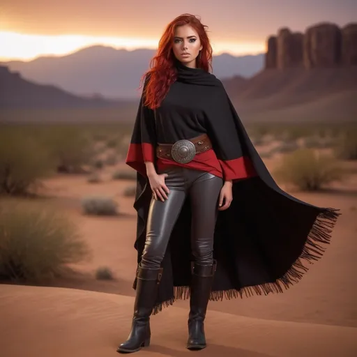 Prompt: (23-year-old red-haired Latina cowgirl), standing confidently in black and red poncho, gray pants, and jedi robes, full body shot, vibrant desert background at sunset, warm golden and crimson tones illuminating the scene, dramatic shadows, ultra-detailed, capturing an adventurous and daring spirit, dynamic pose, rugged leather boots, striking facial features, showcasing both strength and beauty.