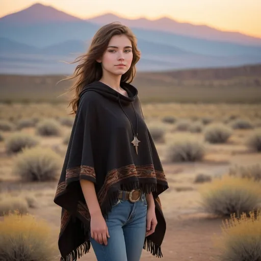 Prompt: Full body image of an 18 year old petite Wild West girl without hat, (soft features), (wispy shoulder-length brown hair), wearing a (black poncho) and (blue jeans), set against a sunset-drenched desert landscape with sagebrush and distant mountains, a warm golden hue in the sky, (dramatic silhouettes), (vibrant colors), (4K), capturing a serene yet adventurous spirit that embodies the essence of the Wild West.