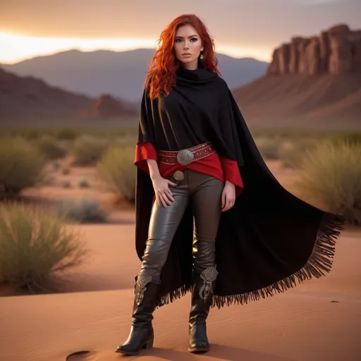 Prompt: (23-year-old red-haired Latina cowgirl), standing confidently in black and red poncho, gray pants, and jedi robes, full body shot, vibrant desert background at sunset, warm golden and crimson tones illuminating the scene, dramatic shadows, ultra-detailed, capturing an adventurous and daring spirit, dynamic pose, rugged leather boots, striking facial features, showcasing both strength and beauty.