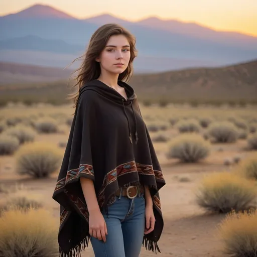 Prompt: Full body image of an 18 year old petite Wild West girl without hat, (soft features), (wispy shoulder-length brown hair), wearing a (black poncho) and (blue jeans), set against a sunset-drenched desert landscape with sagebrush and distant mountains, a warm golden hue in the sky, (dramatic silhouettes), (vibrant colors), (4K), capturing a serene yet adventurous spirit that embodies the essence of the Wild West.