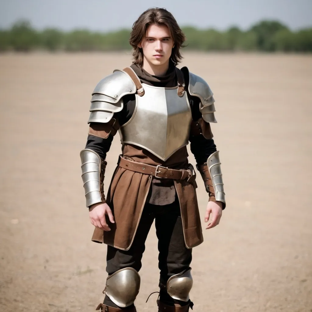 Prompt: Cute 23 year old man wearing brown light leather armor and boots, standing on empty battlefield, shoulder length hair, fullbody