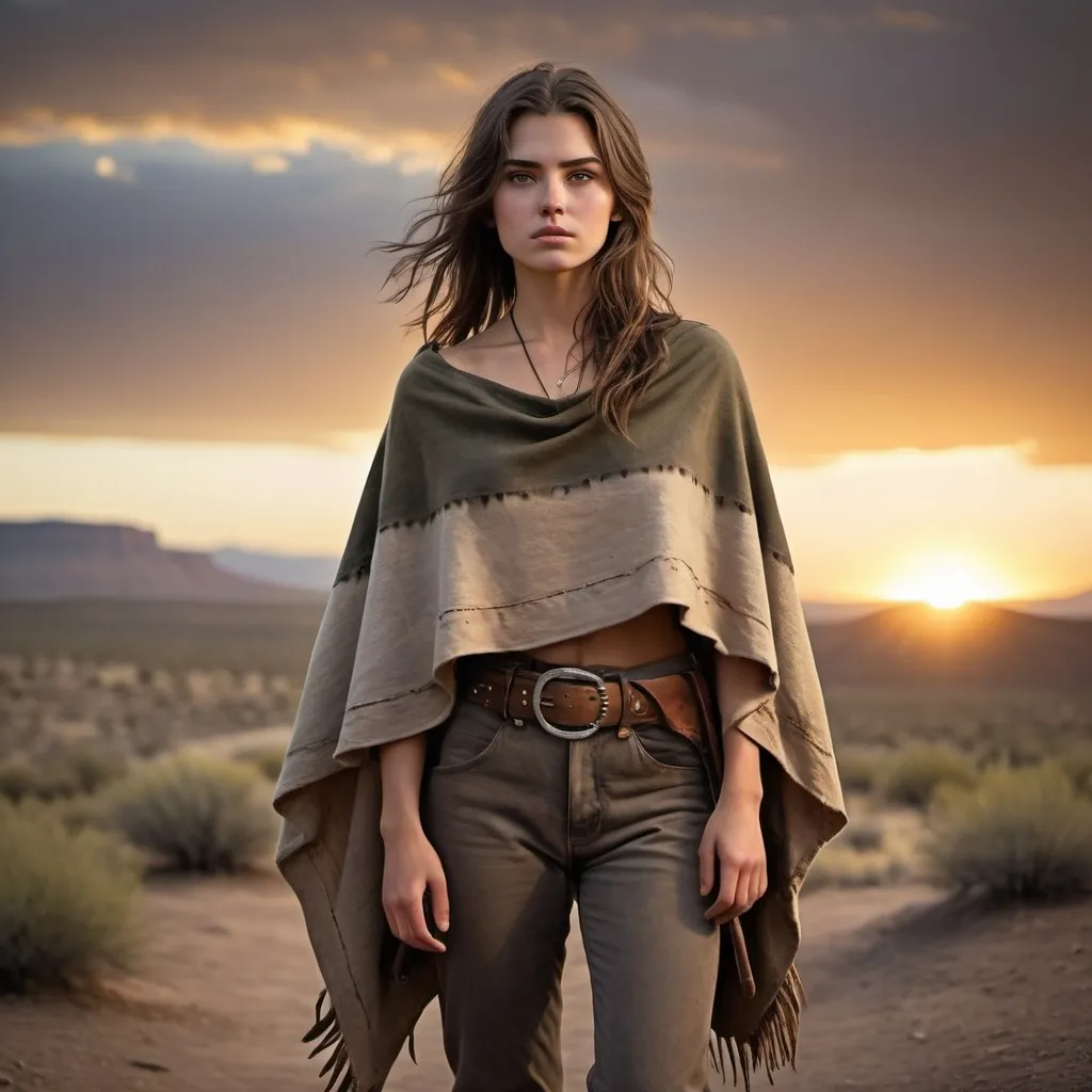 Prompt: (fullbody image of a (23-year-old Wild West outlaw)), shoulder-length hair, olive poncho, gray pants, confident stance, rugged look, (dramatic lighting), sun setting behind, dusty landscapes, atmospheric, (high detail), captivating character, adventurous spirit, hint of danger, cinematic quality, (ultra-detailed), (captivating hues of the sunset).