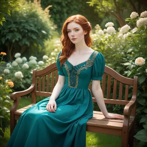 Prompt: (21 year old woman), with (pale skin) and (auburn hair), wearing a (teal Regency style dress), sitting gracefully on a (wooden bench) in a (lush garden), surrounded by vibrant flowers and greenery, warm sunlight filtering through leaves, soft dreamy ambiance, (full body) view, ultra-detailed, high-quality image, cinematic atmosphere.