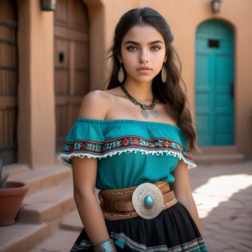 Prompt: (20-year-old girl), detailed facial features, olive skin, striking teal eyes, wearing an (off-shoulder turquoise top) in Mexican Spanish colonial outfit, stylish belt, (ankle-length ornately patterned black skirt, black boots), (warm ambiance), adobe building background, soft natural lighting, earthy tones, (high-quality 4K), relaxed and confident pose, casual chic style, harmonious color palette, vibrant yet serene atmosphere.