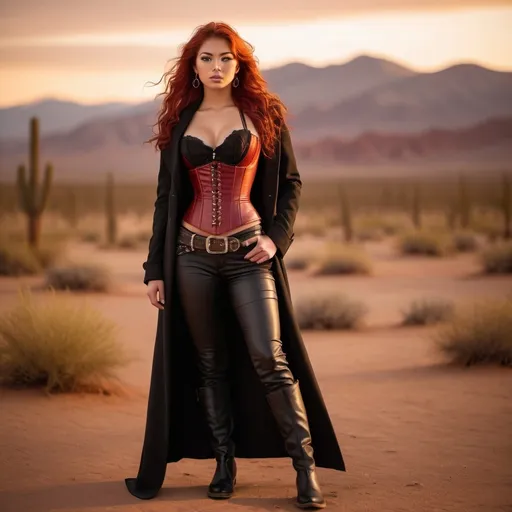 Prompt: (23-year-old red-haired Latina cowgirl), standing confidently in a dark red corset and elegant black pants and longcoat, full body shot, vibrant desert background at sunset, warm golden and crimson tones illuminating the scene, dramatic shadows, ultra-detailed, capturing an adventurous and daring spirit, dynamic pose, rugged leather boots, striking facial features, showcasing both strength and beauty.