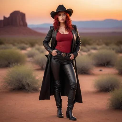 Prompt: (23-year-old red-haired Latina cowgirl), standing confidently in a dark red low cut  t shirt, black hat,  and elegant black leather longcoat, full body shot, vibrant desert background at sunset, warm golden and crimson tones illuminating the scene, dramatic shadows, ultra-detailed, capturing an adventurous and daring spirit, dynamic pose, rugged leather boots, striking facial features, showcasing both strength and beauty.