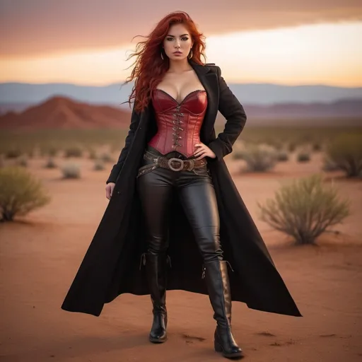 Prompt: (23-year-old red-haired Latina cowgirl), standing confidently in a dark red corset and elegant black longcoat, full body shot, vibrant desert background at sunset, warm golden and crimson tones illuminating the scene, dramatic shadows, ultra-detailed, capturing an adventurous and daring spirit, dynamic pose, rugged leather boots, striking facial features, showcasing both strength and beauty.