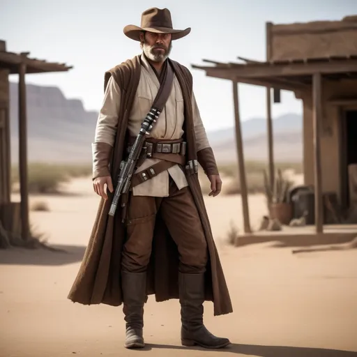 Prompt: (wild west bearded arthur morgan in jedi robes, (far full body view), rugged cowboy attire, hat, pants, boots, gun in hand, detailed facial features, with a wise and fierce expression, contrasting light and shadow, dusty backdrop of a lonely desert town, vibrant warm tones, cinematic atmosphere, high-quality 4K, intricate details capturing both the nobility of a Jedi and the grit of an outlaw.