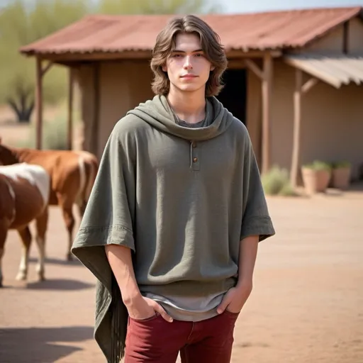 Prompt: (fullbody image of a 23-year-old farm boy), (soft features), wearing a gray shirt with an olive poncho, brick red jeans, shoulder-length hair, rustic desert farm background, natural lighting, warm and inviting ambiance, high detail, vibrant colors (4K resolution)