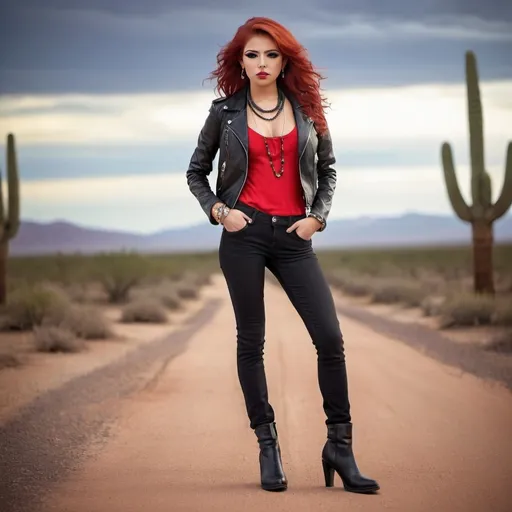 Prompt: Prompt: (glamorous young woman), 23 years old, (red-haired Latina), stylish black leather jacket, chic black boots, striking red low-cut shirt, fashionable long jeans, adorned with heavy jewelry, bold makeup look, confident pose, desert background, high-quality portrait, (dramatic lighting), captivating ambiance.