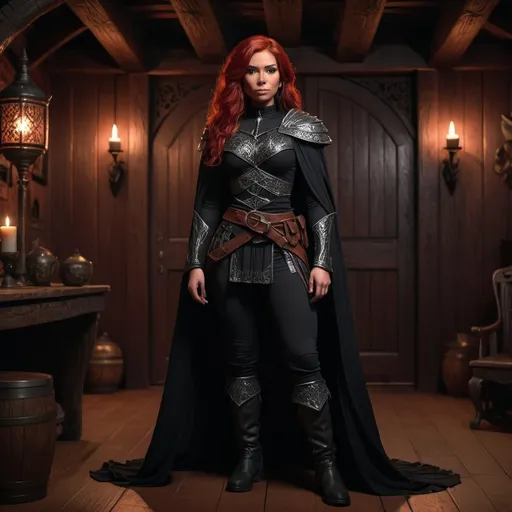 Prompt: (red-haired Latina in a black D&D ranger outfit), detailed features, outfit includes a long skirt, long loose pants, and a knee length cape, (no midriff), portraying confidence, posing in a dark wooden interior with intricate textures, ambient lighting creating a dramatic focus, (full body shot), 4K, ultra-detailed, fantasy theme.