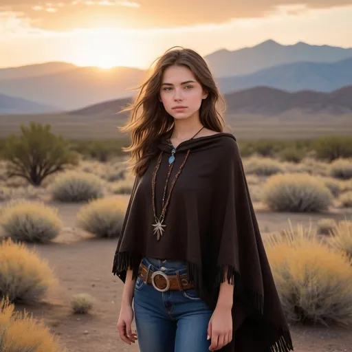 Prompt: 18 year old petite Wild West girl, (soft features), (wispy shoulder-length brown hair), wearing a (black poncho) and (blue jeans), set against a sunset-drenched desert landscape with sagebrush and distant mountains, a warm golden hue in the sky, (dramatic silhouettes), (vibrant colors), (4K), capturing a serene yet adventurous spirit that embodies the essence of the Wild West.