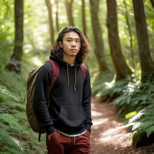 Prompt: (full body portrait of a man), (23-year-old mixed race Asian/White), wearing a black hoodie, brick red slacks, brown hiking boots, long wavy hair, wearing backpack, surrounded by a lush green forest, dappled sunlight filtering through the leaves, warm earthy color tones, serene ambiance, lost in thought, ultra-detailed, high-quality resolution.