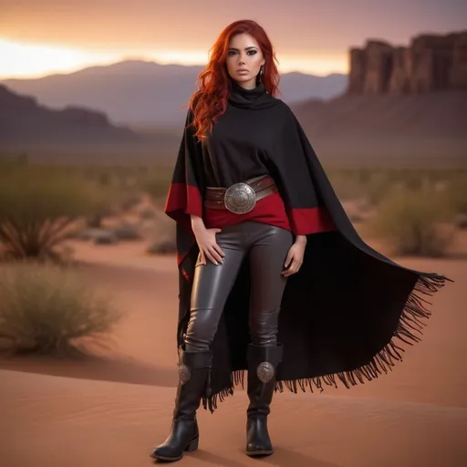 Prompt: (23-year-old red-haired Latina cowgirl), standing confidently in black and red poncho, gray pants, and jedi robes, full body shot, vibrant desert background at sunset, warm golden and crimson tones illuminating the scene, dramatic shadows, ultra-detailed, capturing an adventurous and daring spirit, dynamic pose, rugged leather boots, striking facial features, showcasing both strength and beauty.