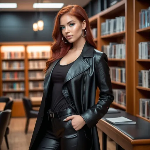 Prompt: 23 year old redhead latina with aqua eyes wearing silver hoop earrings, black leather longcoat, black pants, black scoop neck tee, and black leather boots, fullbody with dimly lit library interior background.