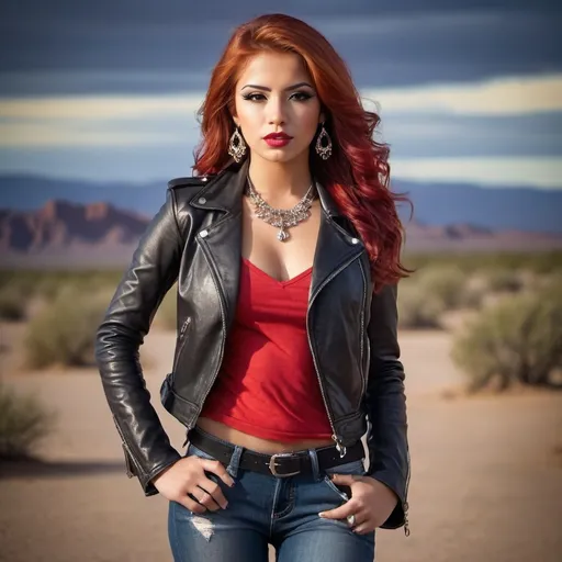 Prompt: Prompt: (glamorous young woman), 23 years old, (red-haired Latina), stylish black leather jacket, chic black boots, striking red low-cut shirt, fashionable long jeans, adorned with heavy jewelry, bold makeup look, confident pose, desert background, high-quality portrait, (dramatic lighting), captivating ambiance.