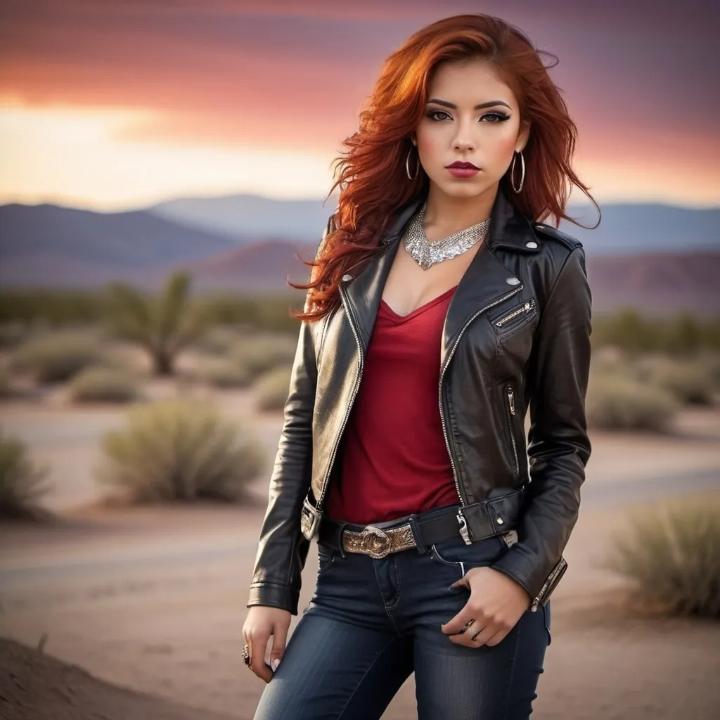 Prompt: Prompt: (glamorous young woman), 23 years old, (red-haired Latina), stylish black leather jacket, chic black boots, striking red low-cut shirt, fashionable long jeans, adorned with heavy jewelry, bold makeup look, confident pose, desert background, high-quality portrait, (dramatic lighting), captivating ambiance.