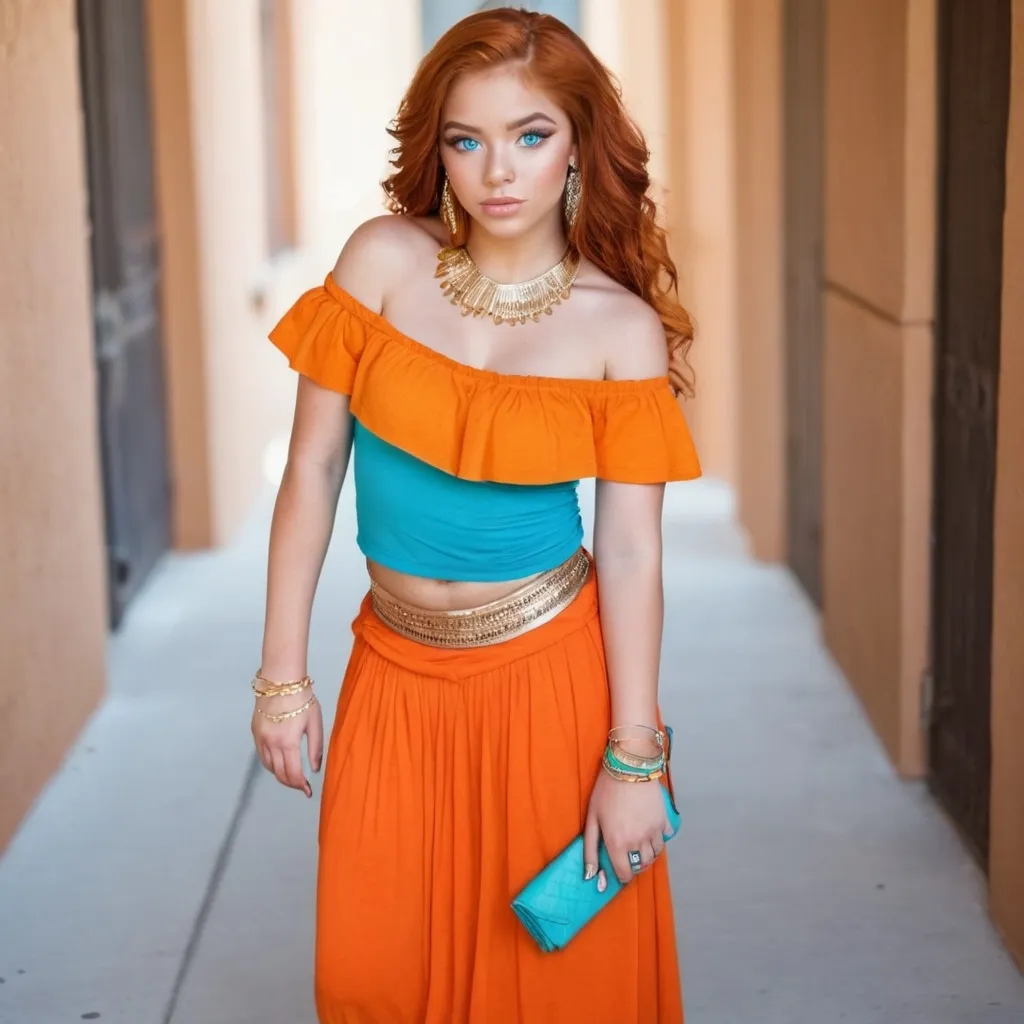 Prompt: 19 year old red haired Latina with blue eyes, heavy makeup, wearing jewelry, dressed in an orange off-shoulder t-shirt and a long turquoise skirt, fullbody head to toe with adorned gold sandals.