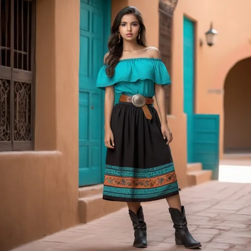 Prompt: 20-year-old girl), detailed facial features, olive skin, striking teal eyes, wearing an (off-shoulder short sleeve turquoise top) in Mexican Spanish colonial outfit, stylish belt, (ankle-length patterned black skirt, black boots), (warm ambiance), adobe building background, soft natural lighting, earthy tones, (high-quality 4K), fullbody, relaxed and confident pose, casual chic style, harmonious color palette, vibrant yet serene atmosphere.