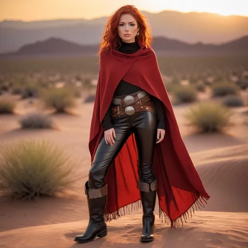 Prompt: 23-year-old red-haired Latina cowgirl), standing confidently in black and red poncho, gray pants, and jedi robes, full body shot, vibrant desert background at sunset, warm golden and crimson tones illuminating the scene, dramatic shadows, ultra-detailed, capturing an adventurous and daring spirit, dynamic pose, rugged leather boots, striking facial features, showcasing both strength and beauty.