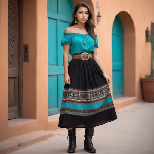 Prompt: 20-year-old girl), detailed facial features, olive skin, striking teal eyes, wearing an (off-shoulder short sleeve turquoise top) in Mexican Spanish colonial outfit, stylish belt, (ankle-length patterned black skirt, black boots), (warm ambiance), adobe building background, soft natural lighting, earthy tones, (high-quality 4K), fullbody, relaxed and confident pose, casual chic style, harmonious color palette, vibrant yet serene atmosphere.