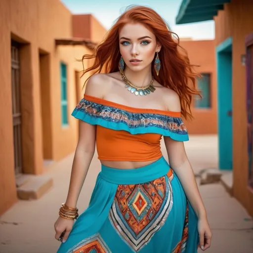 Prompt: (fullbody portrait), striking (19-year-old latina), vivid red hair, captivating blue eyes, bold heavy makeup, adorned with (glistening jewelry), stylish orange off-shoulder t-shirt, flowing long turquoise skirt with patterns, gold sandals vibrant and expressive colors, (dramatic lighting), cheerful ambiance, high-quality HD, ultra-detailed, adobe desert town setting, emphasizing youthful confidence.