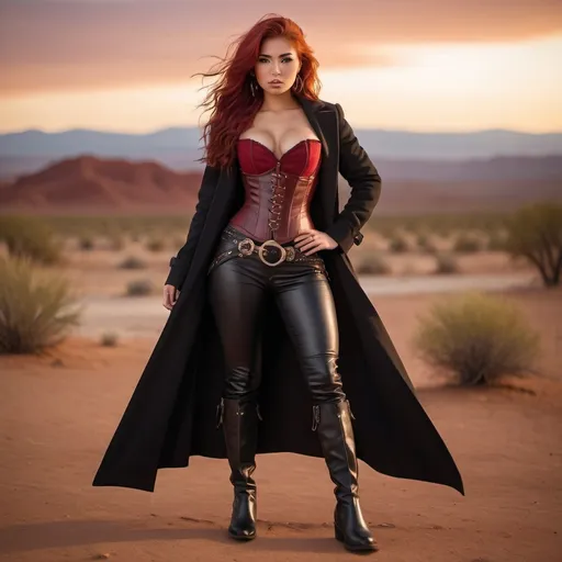 Prompt: (23-year-old red-haired Latina cowgirl), standing confidently in a dark red corset and elegant black longcoat, full body shot, vibrant desert background at sunset, warm golden and crimson tones illuminating the scene, dramatic shadows, ultra-detailed, capturing an adventurous and daring spirit, dynamic pose, rugged leather boots, striking facial features, showcasing both strength and beauty.