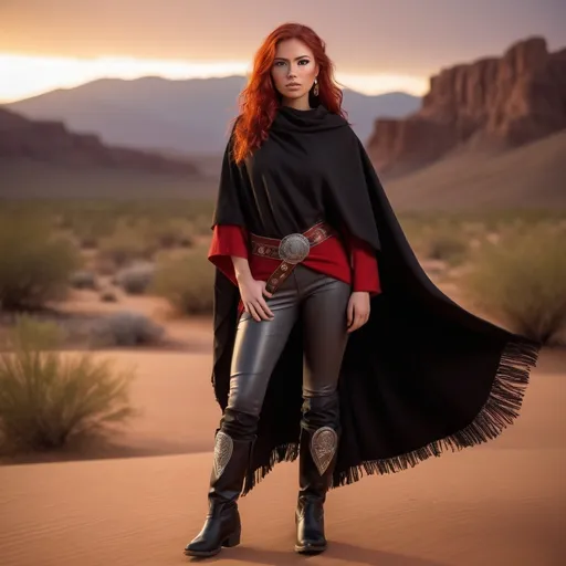 Prompt: (23-year-old red-haired Latina cowgirl), standing confidently in black and red poncho, gray pants, and jedi robes, full body shot, vibrant desert background at sunset, warm golden and crimson tones illuminating the scene, dramatic shadows, ultra-detailed, capturing an adventurous and daring spirit, dynamic pose, rugged leather boots, striking facial features, showcasing both strength and beauty.