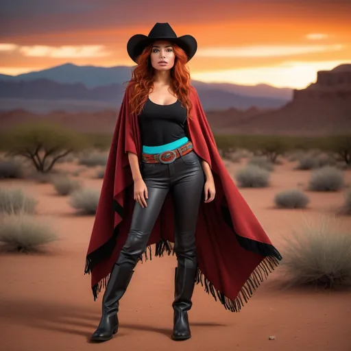 Prompt: mpt:
(23-year-old red-haired Latina cowgirl), standing confidently in long black and red poncho, black hat, gray pants, turquoise belt, full body shot, vibrant desert background at sunset, warm golden and crimson tones illuminating the scene, dramatic shadows, ultra-detailed, capturing an adventurous and daring spirit, dynamic pose, rugged leather boots, striking facial features, showcasing both strength and beauty.