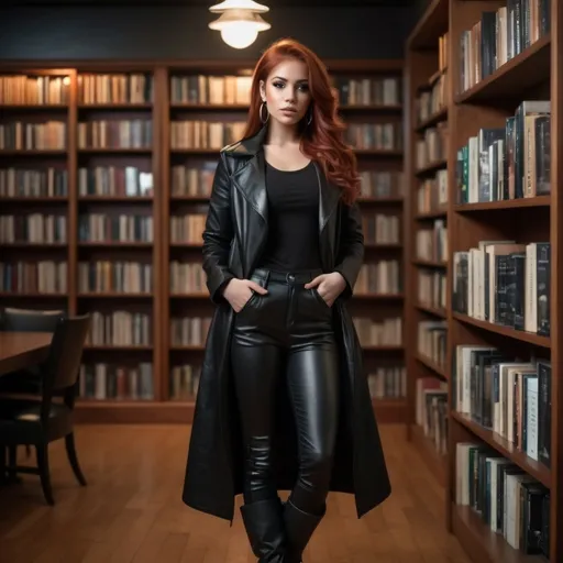 Prompt: (23 year old redhead latina), (aqua eyes), wearing (silver hoop earrings), (black leather longcoat), (black pants), (black scoop neck tee), (black leather boots), full body pose, (dimly lit library interior background), warm tones, cozy atmosphere, wooden shelves lined with books, soft shadows, moody lighting, refined details, ultra-detailed, 4K quality.