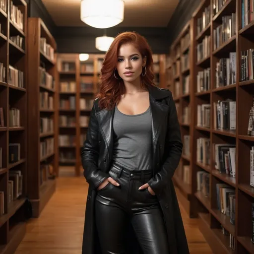 Prompt: (23 year old redhead latina), (aqua eyes), wearing (silver hoop earrings), (black leather longcoat), (black pants), (black scoop neck tee), (black leather boots), full body pose, (dimly lit library interior background), warm tones, cozy atmosphere, wooden shelves lined with books, soft shadows, moody lighting, refined details, ultra-detailed, 4K quality.