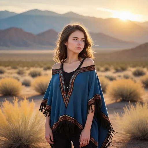 Prompt: Full body image of an 18 year old petite Wild West girl without hat, (soft features), (wispy shoulder-length brown hair), wearing a (black poncho) and (blue jeans), set against a sunset-drenched desert landscape with sagebrush and distant mountains, a warm golden hue in the sky, (dramatic silhouettes), (vibrant colors), (4K), capturing a serene yet adventurous spirit that embodies the essence of the Wild West.