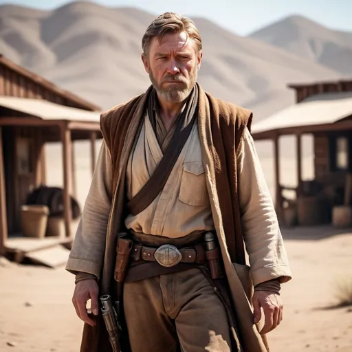 Prompt: (wild west old obi wan kenobi crossed with arthur morgan), (full body), rugged cowboy attire, detailed facial features, with a wise and fierce expression, contrasting light and shadow, dusty backdrop of a lonely desert town, vibrant warm tones, cinematic atmosphere, high-quality 4K, intricate details capturing both the nobility of a Jedi and the grit of an outlaw.