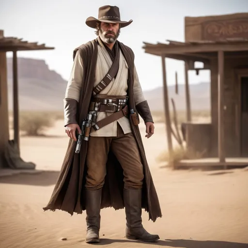 Prompt: (wild west bearded arthur morgan in jedi robes, (far full body view), rugged cowboy attire, hat, pants, boots, gun in hand, detailed facial features, with a wise and fierce expression, contrasting light and shadow, dusty backdrop of a lonely desert town, vibrant warm tones, cinematic atmosphere, high-quality 4K, intricate details capturing both the nobility of a Jedi and the grit of an outlaw.