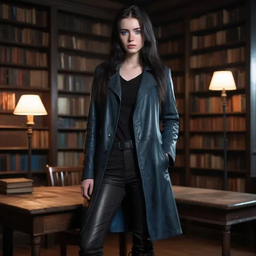 Prompt: 23 year old woman with slender face, pallid skin, long windblown black hair, icy blue eyes and freckles wearing black leather longcoat t-shirt and pants, tall black leather boots, library interior background fullbody head to toe.