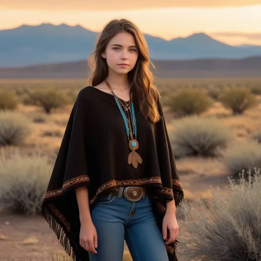 Prompt: 18 year old petite Wild West girl, (soft features), (wispy shoulder-length brown hair), wearing a (black poncho) and (blue jeans), set against a sunset-drenched desert landscape with sagebrush and distant mountains, a warm golden hue in the sky, (dramatic silhouettes), (vibrant colors), (4K), capturing a serene yet adventurous spirit that embodies the essence of the Wild West.