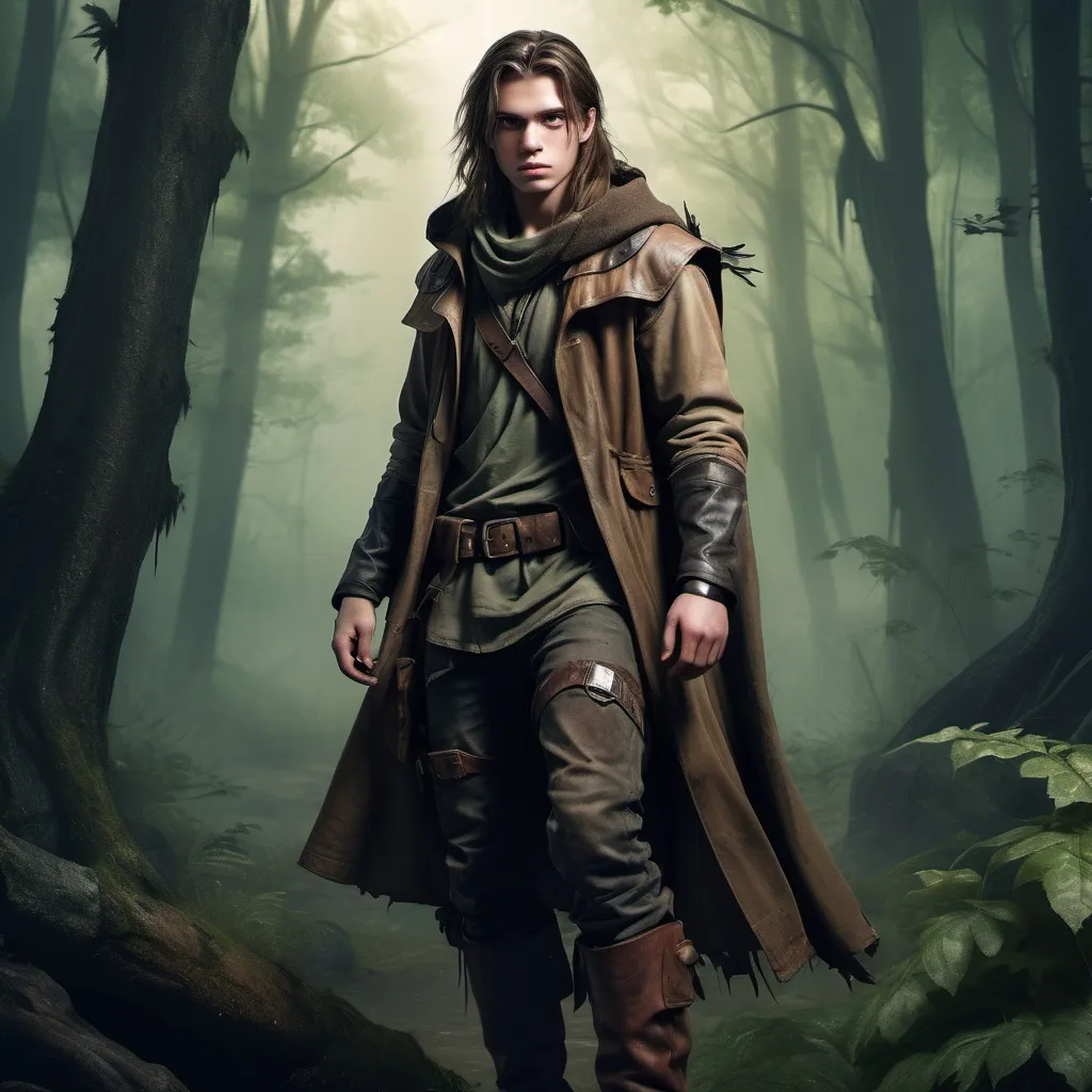 Prompt: post-apocalyptic ranger, (23 year-old man), (long brown hair and slender youthful features), wearing a rugged fantasy outfit, equipped with cloak jacket and leather boots, depicting a gritty adventure, amidst lush forest background, dramatic lighting and muted colors creating a tense atmosphere, ultra-detailed, high quality, capturing an engaging narrative of survival and exploration.