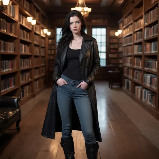 Prompt: 23 year old woman with slender face, pallid skin, long windblown black hair, icy blue eyes and freckles wearing black leather longcoat, gloves, t-shirt and baggy black jeans, tall black leather boots, library interior background fullbody head to toe.