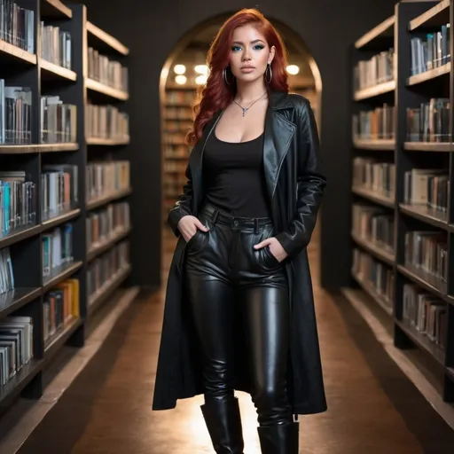 Prompt: 23 year old redhead latina with aqua eyes wearing silver hoop earrings, black leather longcoat, black pants, black scoop neck tee, and black leather boots, fullbody with dimly lit library interior background.