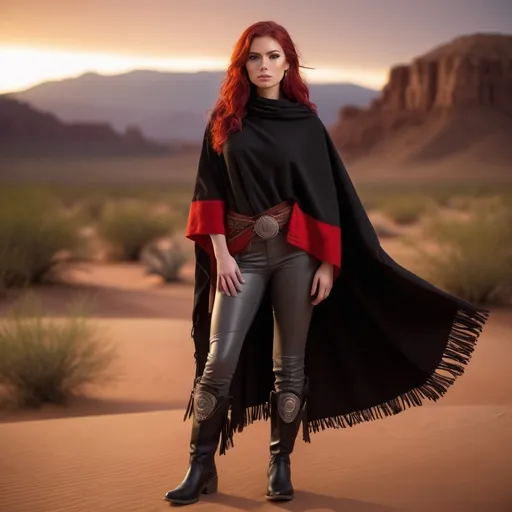 Prompt: (23-year-old red-haired Latina cowgirl), standing confidently in black and red poncho, gray pants, and jedi robes, full body shot, vibrant desert background at sunset, warm golden and crimson tones illuminating the scene, dramatic shadows, ultra-detailed, capturing an adventurous and daring spirit, dynamic pose, rugged leather boots, striking facial features, showcasing both strength and beauty.