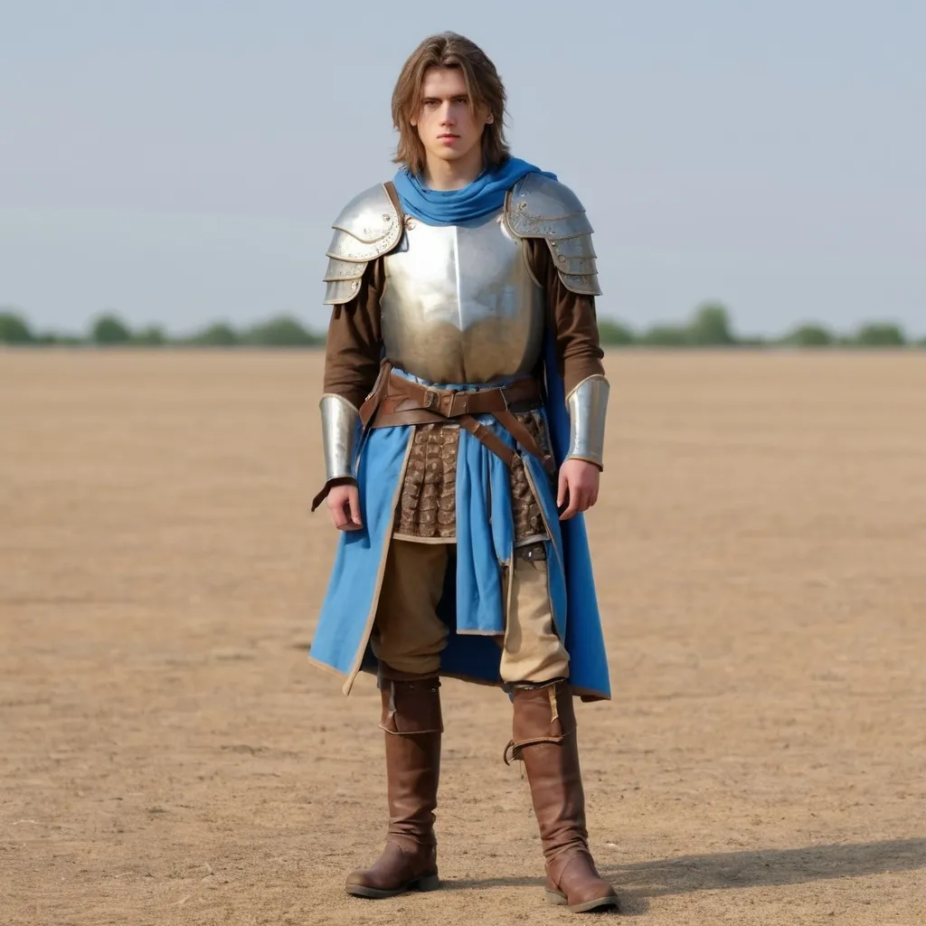 Prompt: Cute 23 year old man wearing brown light brown and light blue brigandine and boots, standing on empty battlefield, shoulder length hair, fullbody