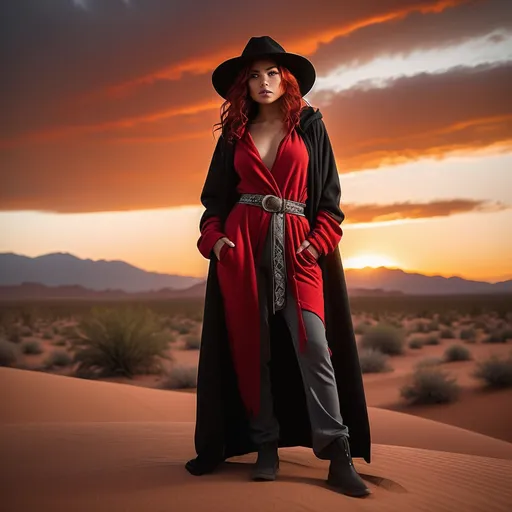 Prompt: pt:
Prompt: mpt: (23-year-old red-haired Latina cowgirl), standing confidently in long black and red hooded robe, black wide brimmed hat, gray pants, belt, full body shot, vibrant desert background at sunset, warm golden and crimson tones illuminating the scene, dramatic shadows, ultra-detailed, capturing an adventurous and daring spirit, dynamic pose, rugged leather boots, striking facial features, showcasing both strength and beauty