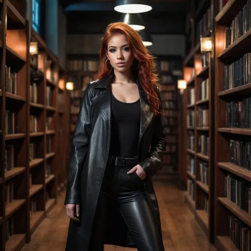 Prompt: 23 year old redhead latina with aqua eyes wearing silver hoop earrings, black leather longcoat, black pants, black scoop neck tee, and black leather boots, fullbody with dimly lit library interior background.