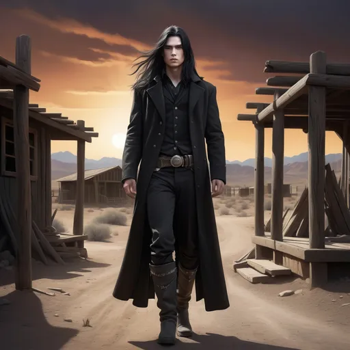 Prompt: 25 year old warrior with long black hair in black longcoat and boots, pallid skin (charismatic cult leader), standing confidently in a dusty western setting, rugged terrain with weathered wooden structures, dramatic sunset casting deep shadows, (mysterious atmosphere), western attire mixed with dark elements, (highly detailed), textured landscape accentuating loneliness, vibrant warm tones contrasting with shadows, (4K resolution), evoking intrigue and tension