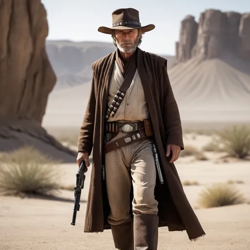 Prompt: (wild west bearded old clint eastwood arthur morgan in jedi robes, (far full body view), rugged cowboy attire, hat, pants, boots, gun in hand, detailed facial features, with a wise and fierce expression, contrasting light and shadow, dusty backdrop of a lonely desert town, vibrant warm tones, cinematic atmosphere, high-quality 4K, intricate details capturing both the nobility of a Jedi and the grit of an outlaw.