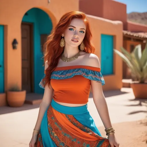 Prompt: (fullbody portrait), striking (19-year-old latina), vivid red hair, captivating blue eyes, bold heavy makeup, adorned with (glistening jewelry), stylish orange off-shoulder t-shirt, flowing long turquoise skirt with patterns, gold sandals vibrant and expressive colors, (dramatic lighting), cheerful ambiance, high-quality HD, ultra-detailed, adobe desert town setting, emphasizing youthful confidence.