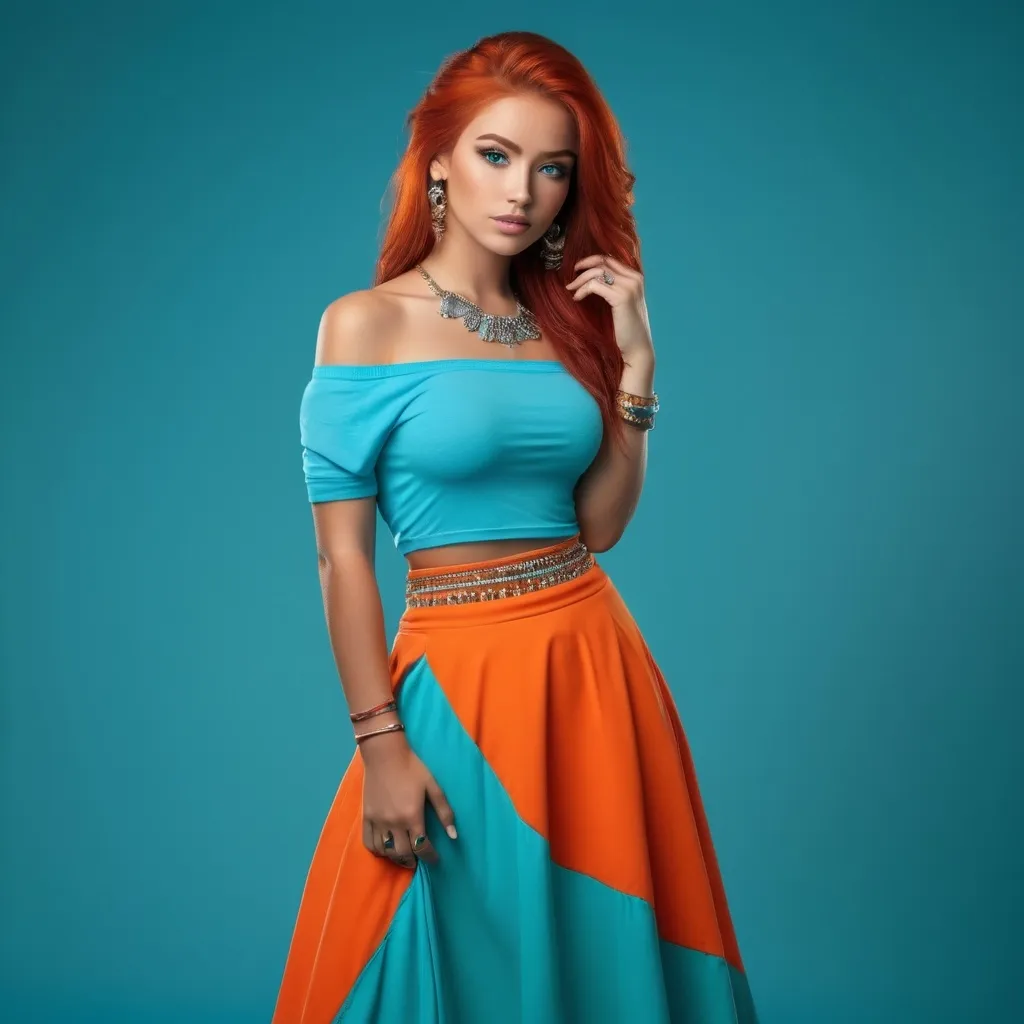 Prompt: 19 year old red haired latina with blue eyes, heavy makeup and jewelry, orange off shoulder t shirt, and long turquoise skirt, fullbody