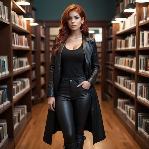 Prompt: (23 year old redhead latina), (aqua eyes), wearing (silver hoop earrings), (black leather longcoat), (black pants), (black scoop neck tee), (black leather boots), full body pose, (dimly lit library interior background), warm tones, cozy atmosphere, wooden shelves lined with books, soft shadows, moody lighting, refined details, ultra-detailed, 4K quality.