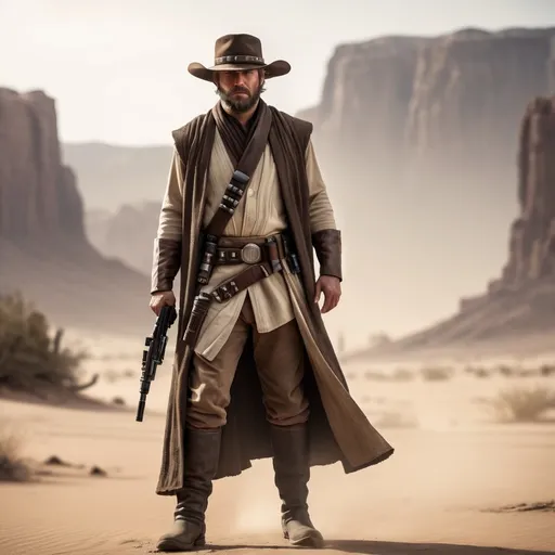 Prompt: (wild west bearded arthur morgan in jedi robes, (far full body view), rugged cowboy attire, hat, pants, boots, gun in hand, detailed facial features, with a wise and fierce expression, contrasting light and shadow, dusty backdrop of a lonely desert town, vibrant warm tones, cinematic atmosphere, high-quality 4K, intricate details capturing both the nobility of a Jedi and the grit of an outlaw.