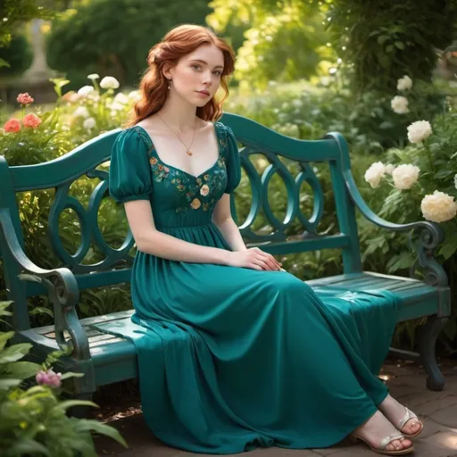 Prompt: Teal short sleeve ankle length regency Style dress on a (21-year-old woman), (pale skin), (auburn hair), sitting gracefully on a bench, surrounded by a lush garden, detailed flowers and greenery, vibrant colors, warm sunlight filtering through leaves, serene atmosphere, full body view, ultra-detailed, naturally elegant pose, whimsical and enchanting setting.